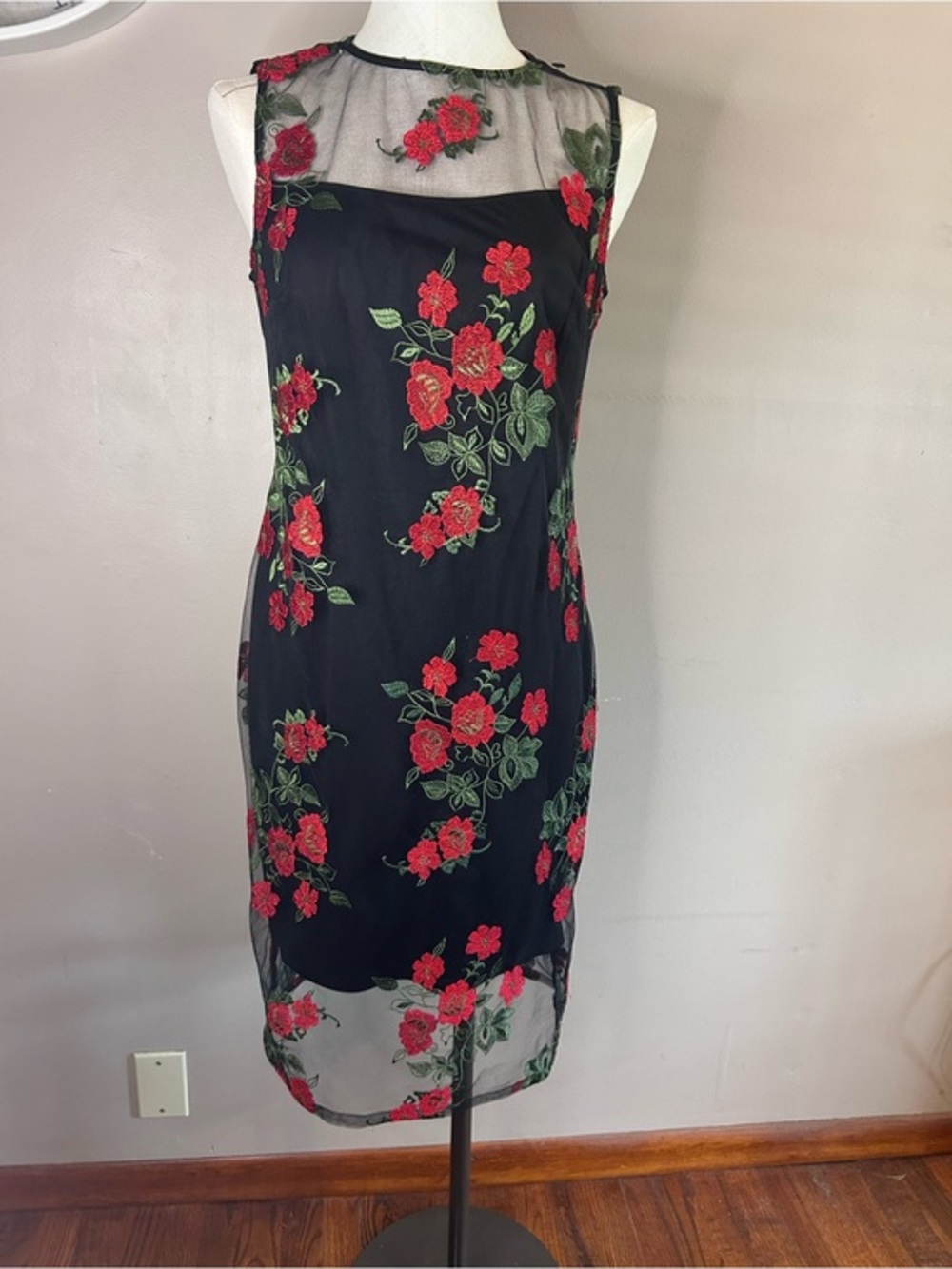 Calvin Klein Black Mesh Midi Dress with Red & Green Floral Embroidery